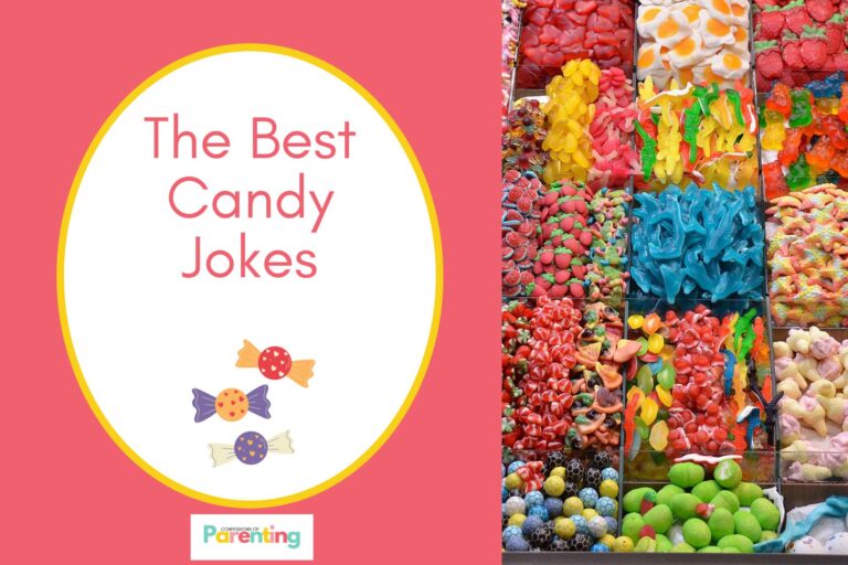 different varities of candies on half the image with a red background on the left with a white oval with yellow border with a image of three candies and red writing "the best candy jokes"