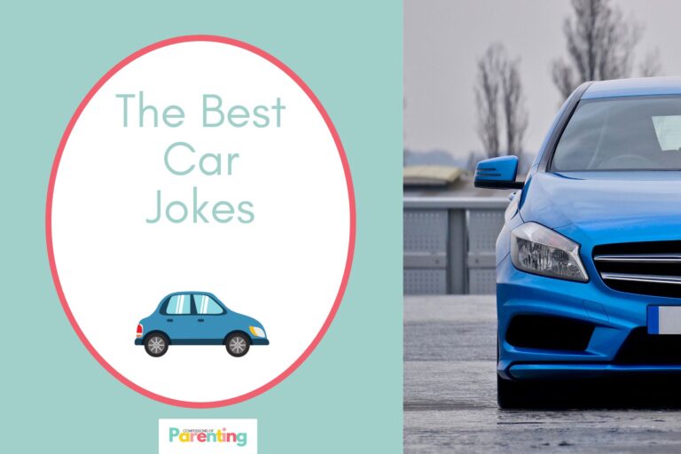 a blue half car on half the image with a teal background on the left with a white oval with a pink border with a image of a side faccing blue car teal writing "the best car jokes"