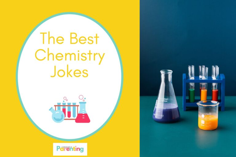 laboratory aparatus on half the image with a yellow background on the left with a white oval with a teal border with a image of a science laboratory tools yellow writing "the best chemistry jokes"