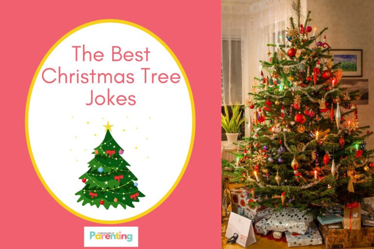 a christmas tree with lots of decorations on half the image with a red background on the left with a white oval with a yellow border with a image of a tree with lights red writing "the best christmas tree jokes"