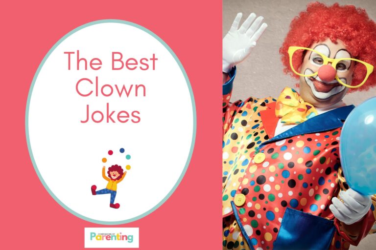 a clown holidng a blue balloon on half the image with a pink background on the left with a white oval with a light torquoise border with a image of a clown juggling a balls and pink writing "the best clown jokes"