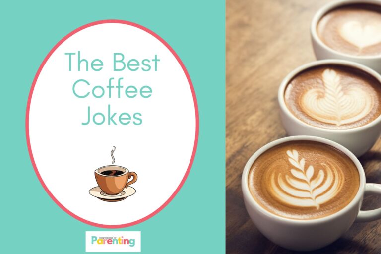 3 coffee in a cup with art on the top on half the image with a teal background on the left with a white oval with a red border with a image of a coffee in a cup teal writing "the best coffee jokes"