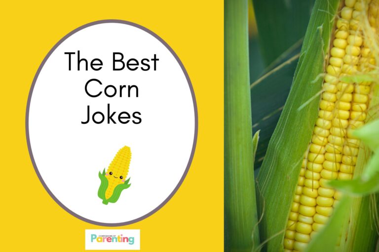 fresh corns on half the image with a yellow background on the left with a white oval with a brown border with a image of a smiling corn and brown writing "the best corn jokes"