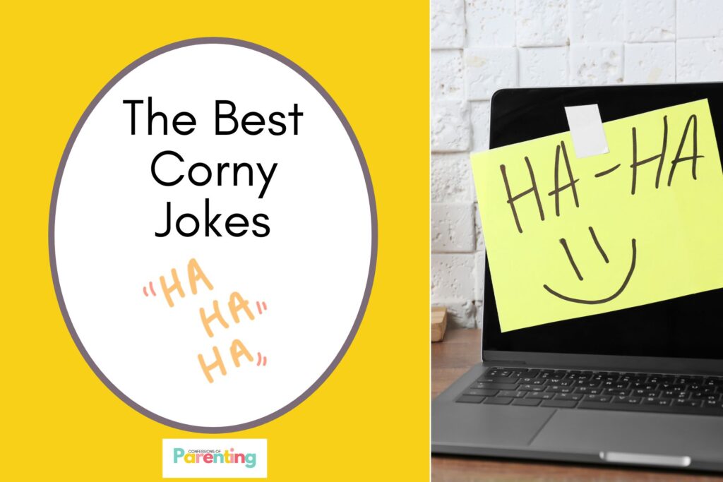 an image of "HA HA HA" in yellow on half the image with a yellow background on the left with a white oval with a brown border with a image of a laptop and a note saying " HA-HA =) " and brown writing "the best corny jokes"