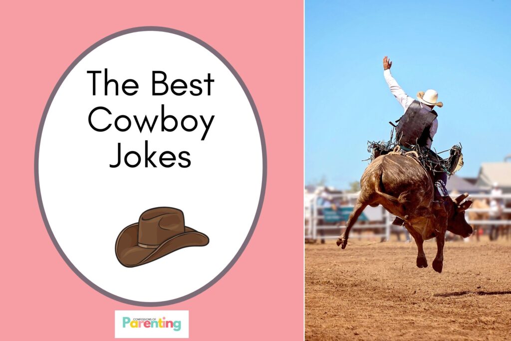 a cowboy hat in pink on half the image with a pink  background on the left with a white oval with a brown border with a image of a cowboy riding a horse and brown writing "the best cowboy jokes"