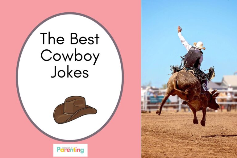 a cowboy hat in pink on half the image with a pink background on the left with a white oval with a brown border with a image of a cowboy riding a horse and brown writing "the best cowboy jokes"