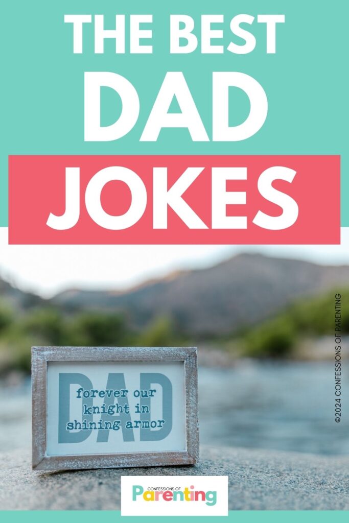 white text saying the best dad jokes in light blue background with an image of a picture frame with a note inside
