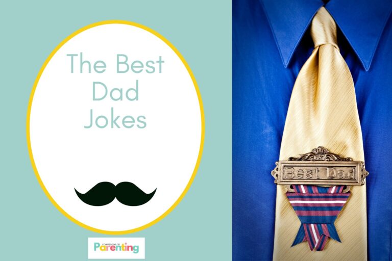 best dad award worn in neck tie on half the image with a light blue background on the left with a white oval with a yellow border with a image of a mustache pink writing "the best dad jokes"