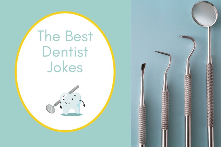 dental tools on half the image with a light blue background on the left with a white oval with a yellow border with a image of a cute tooth and a dental mirror light blue writing "the best dentist jokes"
