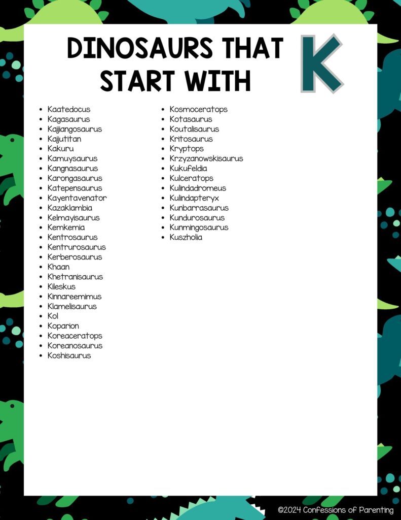 complete list of dinosaurs that start with K with a dinosaur border