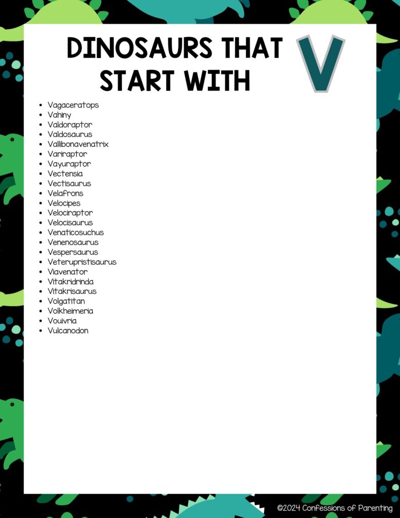 complete list of dinosaurs that start with V with a dinosaur border