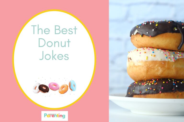 a stack of donuts in plate on half the image with a pink background on the left with a white oval with yellow border with a image of illustration of donuts and light turquoise writing "the best donut jokes"