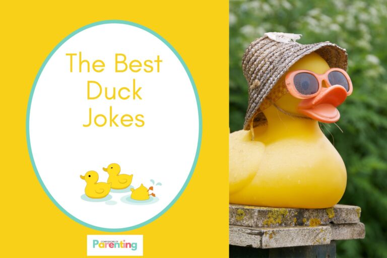 a cute smiling duckling wearing a red sunglass and hat on half the image with a yellow background on the left with a white oval with a teal border with a image of a 3 duckling swimming in water yellow writing "the best duck jokes"