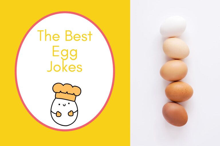 an eggs lined up vertically color white to dark brown eggs on half the image with a yellow background on the left with a white oval with a pink border with a image of a cute egg wearing a hat yellow writing "the best egg jokes"