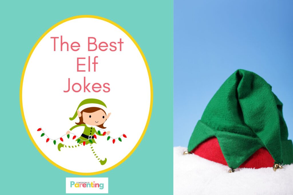 an elf hat on snow on half the image with a teal green background on the left with a white oval with a yellow border with a image of an elf holding a christmas lights red writing "the best elf jokes"