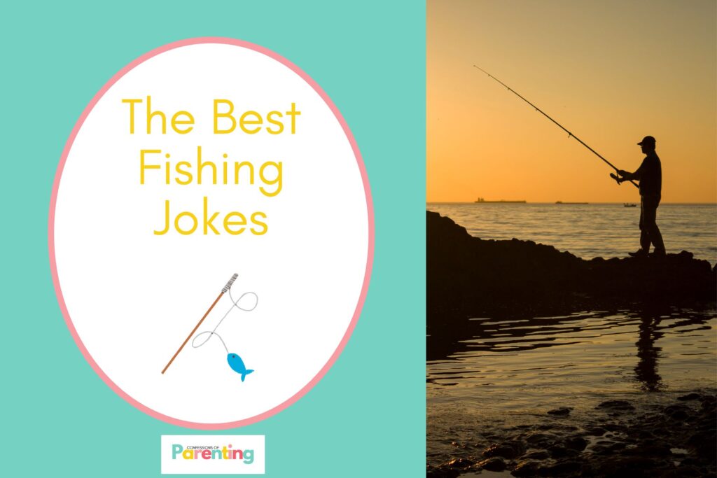 a fisherman silhouette on half the image with a teal background on the left with a white oval with a pink border with a image of a fishing rod and a bait and yellow writing "the best fishing jokes"