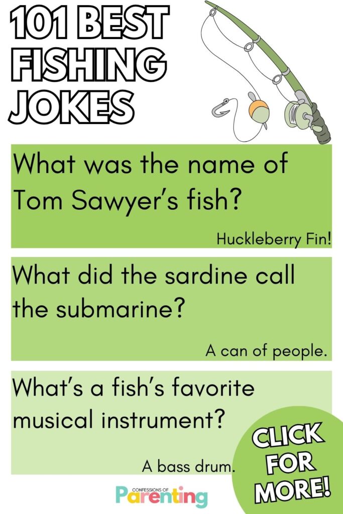 white writing "101 best fishing jokes" with 3 green squares with a fishing joke and answer in each square. 
