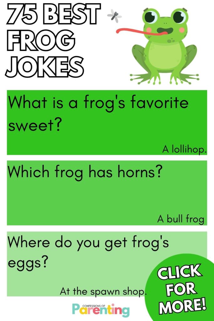 white writing "75 best frog jokes" with 3 green squares with a frog  joke and answer in each square. 
