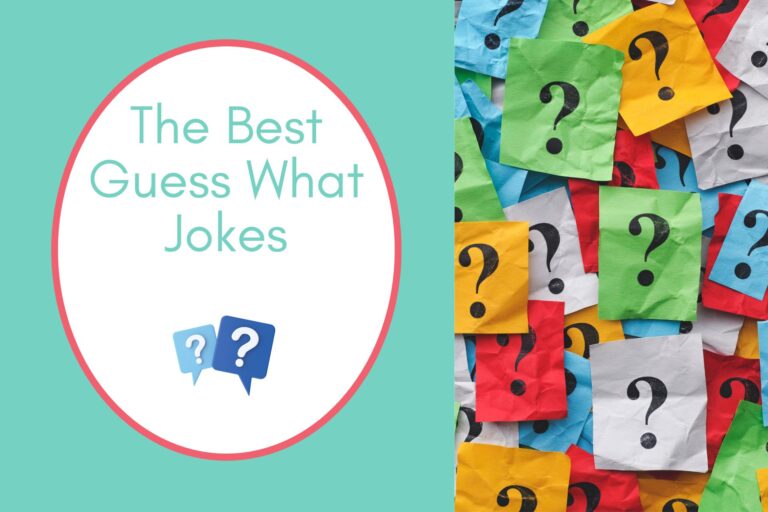 different colors of notepad with question marks on it on half the image with a teal background on the left with a white oval with a red border with a image of aquestion marks on a text bubble teal writing "the best guess what jokes"