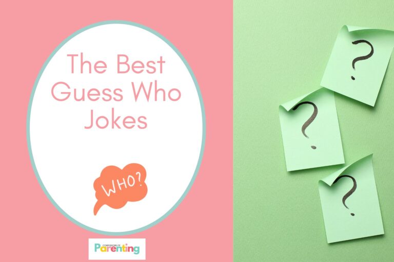 question mark on a memo paper on half the image with a pink background on the left with a white oval with a blue border with a image of a speech "who" bubble pink writing "the best guess who jokes"