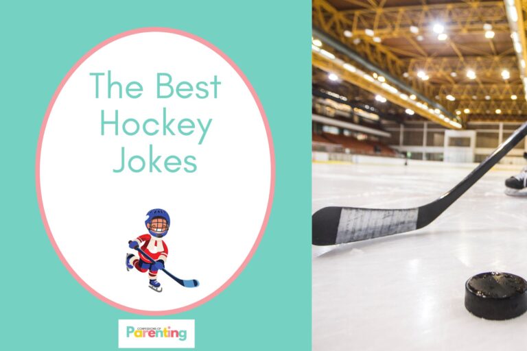 a hockey stick an ball on half the image with a light turquoise background on the left with a white oval with a pink border with a image of a smiling hockey player and light turquoise writing "the best hockey jokes"