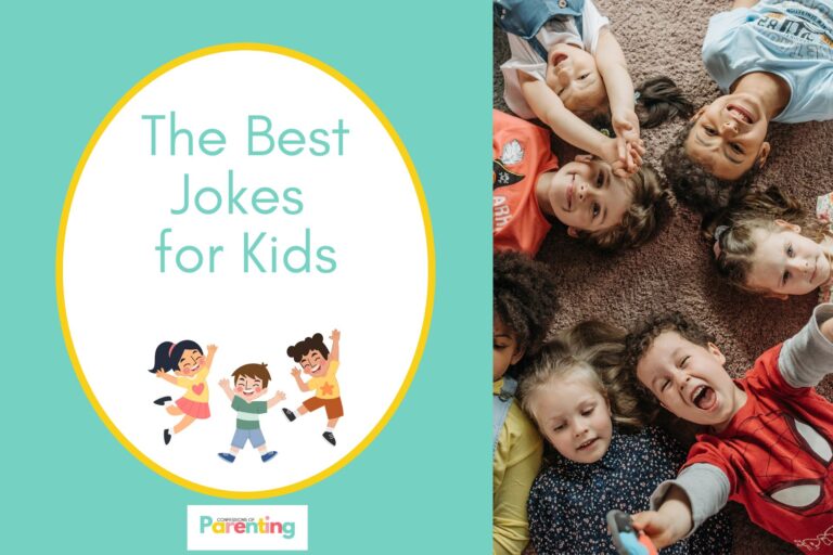 children lying on carpet on half the image with a light turquoise background on the left with a white oval with yellow border with a image of three jumping kids and light turquoise writing "the jokes for kids"