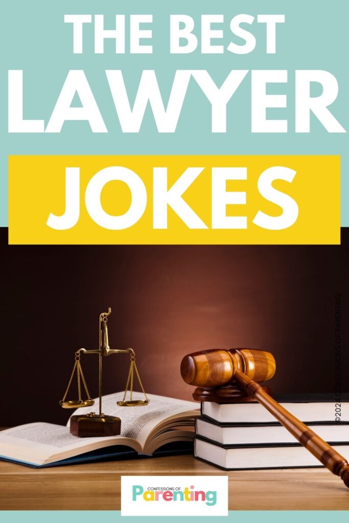 white text saying the best lawyer jokes in teal background with an image of scale od justice above an open book and a gavel
