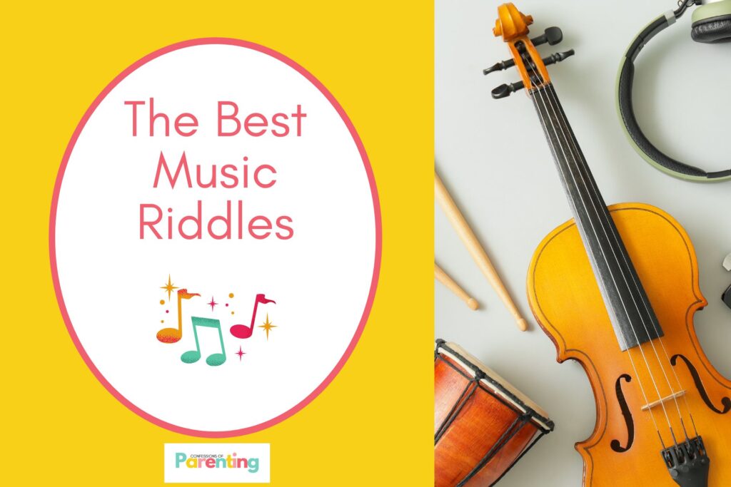 instrument on the right with yellow background on the left with white circle with pink text "the best music riddles"