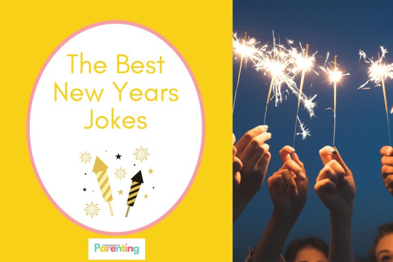 friends celbrating new year and holding sparklers on half the image with a yellow background on the left with a white oval with a pink border with a image of a fireworks and crackers yellow writing "the best new years jokes"