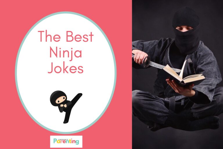 a ninja holding a sword and a book on half the image with a pink background on the left with a white oval with a light torquoise border with a image of a ninja and pink writing "the best ninja jokes"