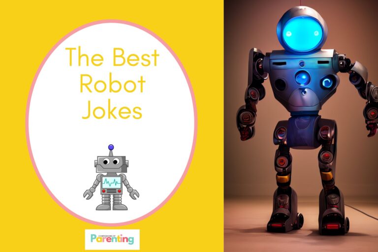a robot with blue face on half the image with a yellow background on the left with a white oval with a pink border with a image of a smiling robot with anthena on head yellow writing "the best robot jokes"