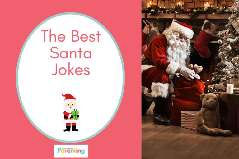 santa putting gifts under the tree on half the image with a red background on the left with a white oval with a light blue border with a image of a santa holding a gift red writing "the best santa jokes"