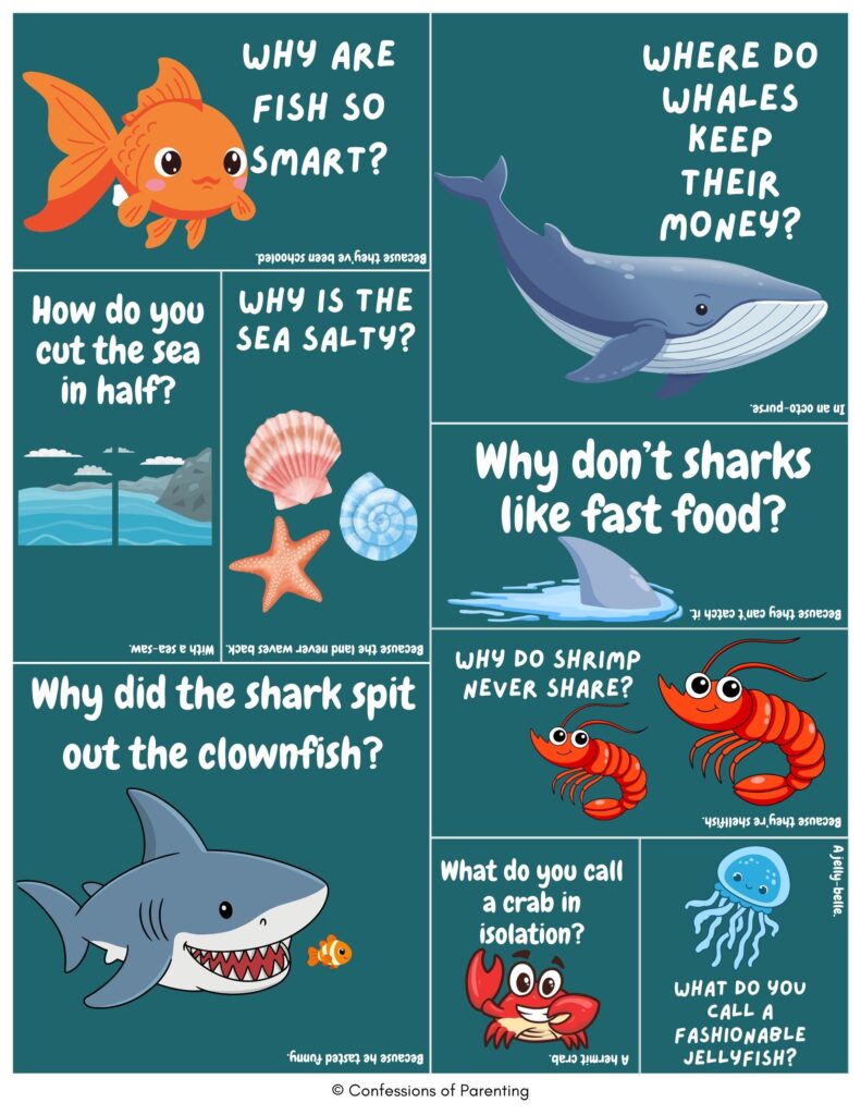 Cartoon sea jokes collage with fish, whale, shark, shrimp, crab, and jellyfish showing funny ocean puns and sea animal humor on teal background