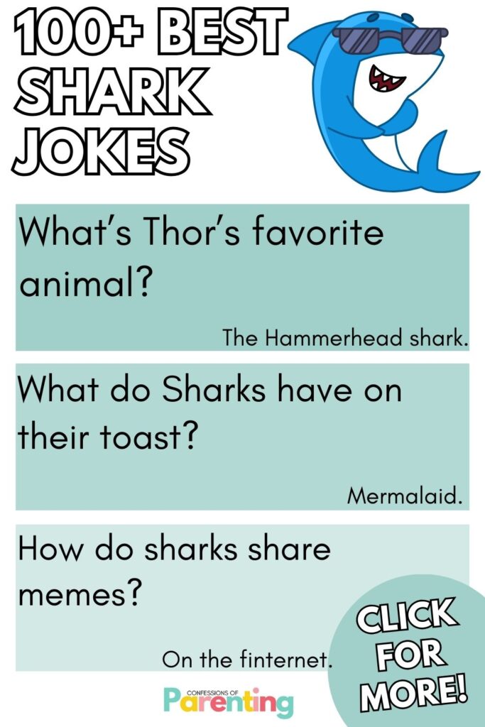 white writing "100+ best shark jokes" with 3 light blue squares with a shark joke and answer in each square. 
