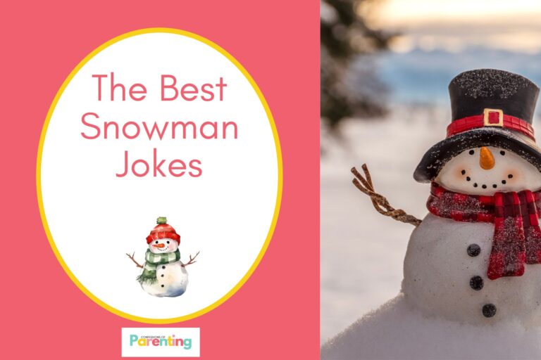 a snowman with red and black hat on half the image with a red background on the left with a white oval with a yellow border with a image of a snowman wearing a winter hat and scarf pink writing "the best snowman jokes"