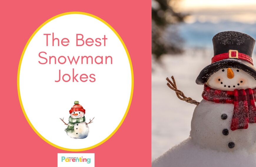 a snowman with red and black hat on half the image with a red background on the left with a white oval with a yellow border with a image of a snowman wearing a winter hat and scarf pink writing "the best snowman jokes"