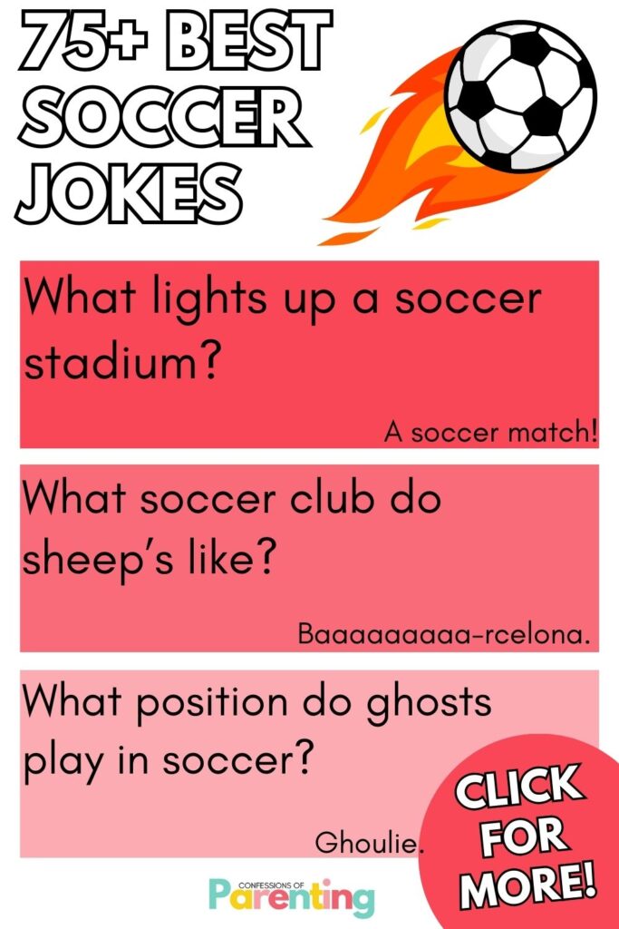 white writing "75+ best soccer jokes" with 3 red squares with a soccer joke and answer in each square. 
