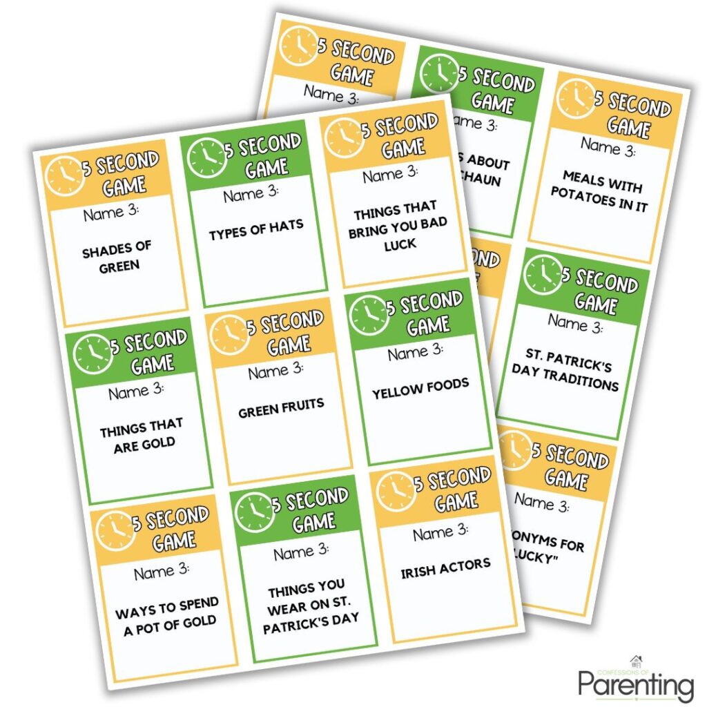 Close up of St. Patrick’s Day 5 Second Game cards with fast thinking prompts