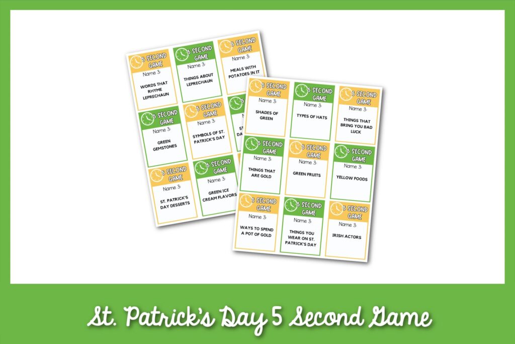 Close up of St. Patrick’s Day 5 Second Game cards with fast thinking prompts