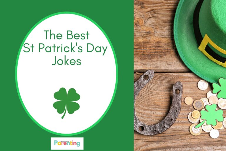 st. patrick's hat, horse shoes, coins and shamrocks on half the image with a green background on the left with a white oval with a light green border with a image of a clover green writing "the best st. patrick's day jokes"