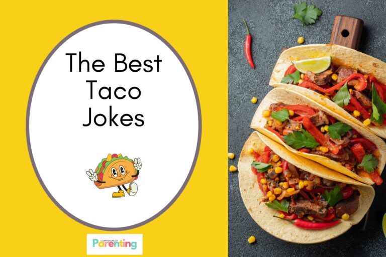 3 tacos on a chopping board on half the image with a yellow background on the left with a white oval with a brown border with a image of a taco signing peace and brown writing "the taco jokes"