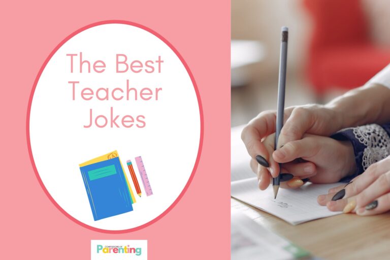 a hand holding a childs hand to teach how to properly hold a pencil on half the image with a pink background on the left with a white oval with a pink border with a image of a notebook, pencil and a ruler pink writing "the best teacher jokes"