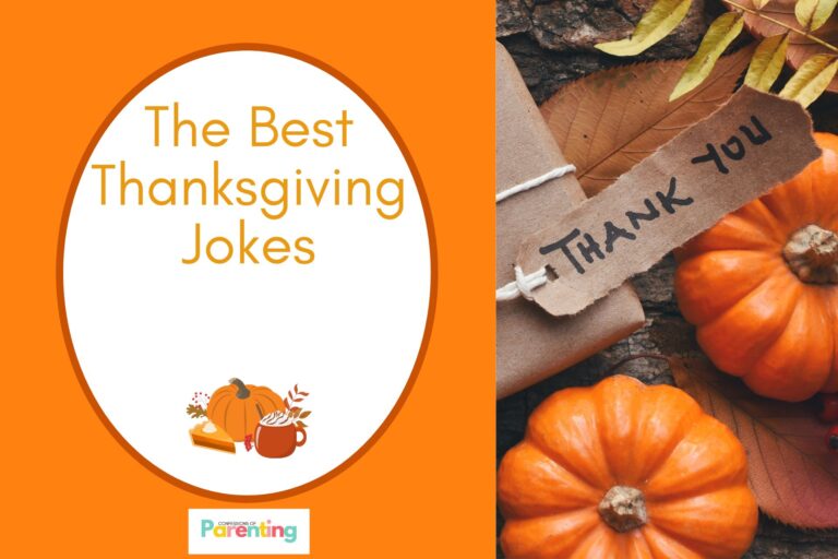 pumpkins and a gift with a note "thank you" on half the image with a orange background on the left with a white oval with a dark orange border with a image of apumpkin, apple cider, and a pie orange writing "the best thanksgiving jokes"