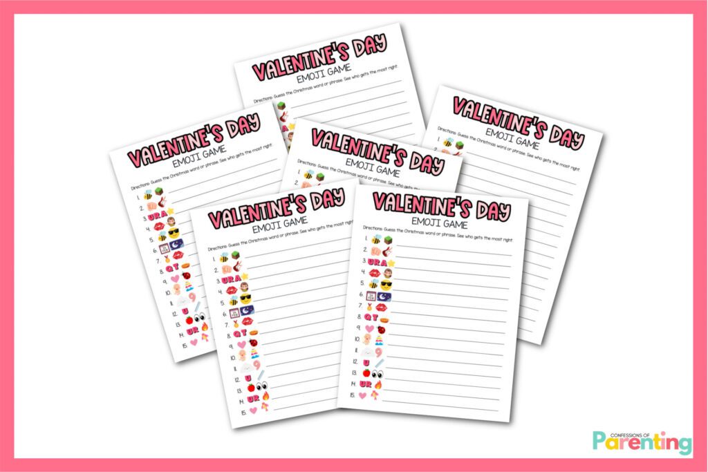 pink border with 6 Valentine's Day emoji game PDFs on white background