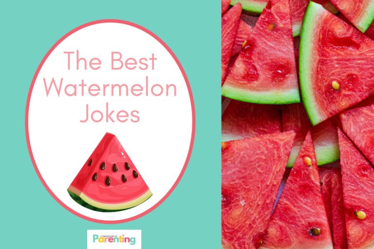 Left: Teal background with white circle outlined in pink and pink words, "The Best Watermelon Jokes" with an image of a watermelon slice. Right: Multiple slices of fresh watermelon.