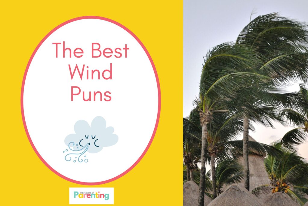yellow background on the left with white circle with pink text "the best wind puns" on the right trees blowing