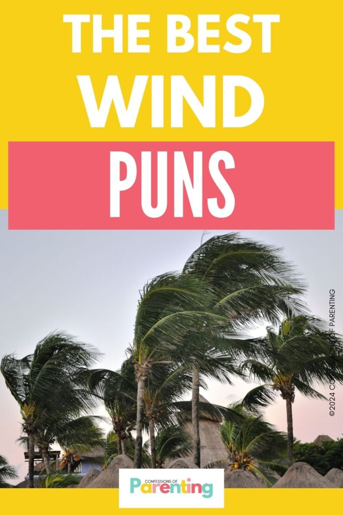 trees blowing with yellow background with white text "the best wind puns"