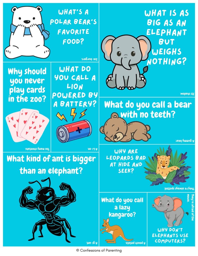 Cartoon zoo jokes collage with polar bear, elephant, lion, and kangaroo showing funny zoo animal puns and kid-friendly humor on teal background