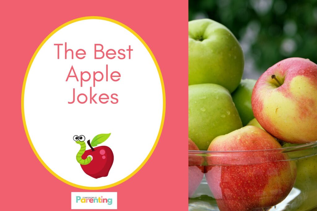 green and red apples on half the image with a red background on the left with a white oval with yellow border with a image of a apple with a worm inside skeleton and red writing "the best apple jokes"