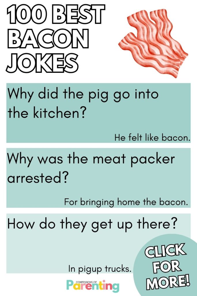 white writing "100 best bacon jokes" with 3 teal squares with a bacon jokes and answer in each square. 
